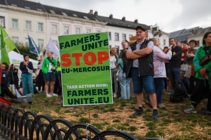 Protesta de agricultores europeos contra el acuerdo entre la UE y Mercosur, el jueves frente al Parlamento europeo en Bruselas.
