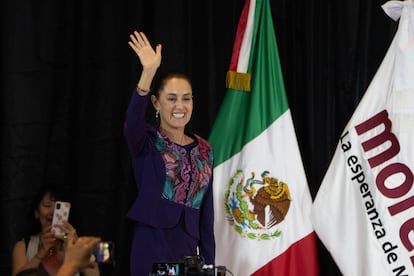 Claudia Sheinbaum greets supporters gathered at the Hilton Hotel in Mexico City, after the early results were announced.