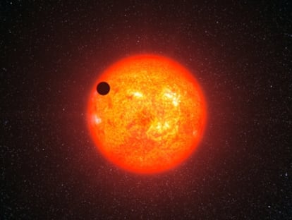 Ilustración del paso del planeta GJ 1214b  por delante de su estrella, en la línea de visión de la Tierra