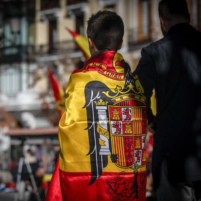 MADRID, SPAIN - 2023/11/19: A young man dressed in a pre-constitutional Spanish flag observes the annual event against the Democratic Memory Law called by the "Spanish Catholic Movement", an ultra-Catholic and far-right organization at the Plaza de Oriente. They have also protested the amnesty law in favor of Catalan independence politicians by the elected president Pedro Sanchez. (Photo by David Canales/SOPA Images/LightRocket via Getty Images)