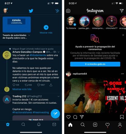 Twitter e Instagram, con llamadas ofreciendo información verificada.