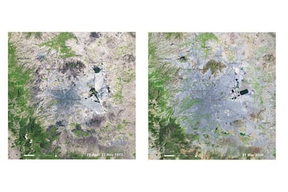 Ciudad de Mxico es una de las megalpolis con el ritmo de crecimiento ms rpido del mundo. Las imgenes muestran su transformacin entre 1973 y 2000. En 1973, la capital mexicana estaba poblada por unos nueve millones de personas; en los a?os siguientes, la ciudad se expandi por las reas circundantes, provocando deforestaciones importantes en las monta?as situadas al sur y al oeste. En 1986, la capital alcanz los 14 millones, y en 1999, los 17,9. Los expertos calculan que en pocos a?os sobrepasar el techo de los 20 millones. En trminos globales, la poblacin urbana ha pasado de los 1.500 millones de personas en 1975 a los 2.800 del a?o 2000, lo que supone alrededor del 45% del total. En ese paso hay algo grave: de esos 2.800 millones de personas, el 31% vive en barrios marginales, en suburbios con graves carencias en las infraestructuras bsicas. Naciones Unidas calcula que en 2020 el 60% de la poblacin mundial habitar en ciudades, y que en 2030 la cifra de seres humanos que vivan en barrios marginales alcanzar los 2.000 millones.