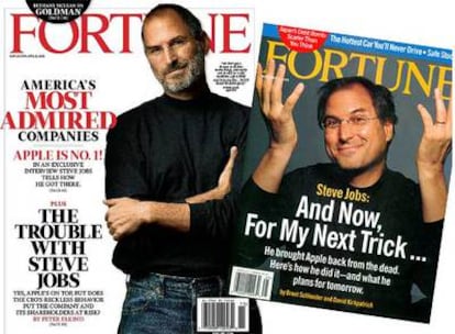 Portadas de la revista <i>Fortune</i> en 2008 y en 1998 con Jobs de protagonista.