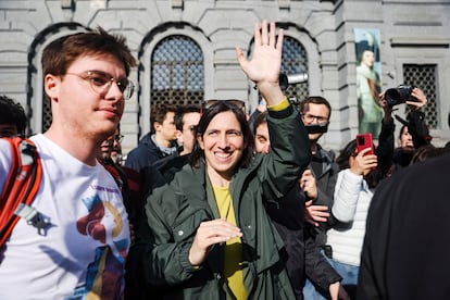 Democratic Party Leader Elly Elly Schlein attends a sit in protest against recent moves by the Italian  government to limit recognition of parental rights to the biological parent only in the case of same sex-parents in Milan, Saturday, March 18, 2023.  The head of Italy’s opposition Democratic Party on Saturday blasted as ideological, “cruel” and discriminatory a bureaucratic crackdown by the far-right-led government on LGBTQ families and vowed to push through legislation in Parliament to better recognize and protect their rights. (LaPresse via AP)