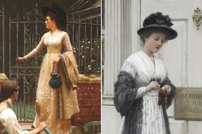 Ridículo y ‘stocking purse’ en las pinturas ‘The Elopement’ y ‘The new Governess’, de Edmund Blair Leighton (1852-1922).