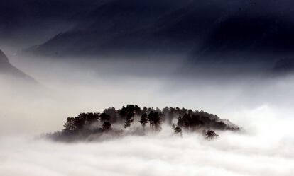 Vista general de una elevacin en la ciudad de Sarajevo (Bosnia-Herzegovina), cubierta con una manta de niebla.