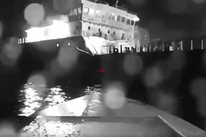 In this image from video made available on Saturday, Aug. 5, 2023, a seaborne drone approaches a Russian tanker on the Black Sea