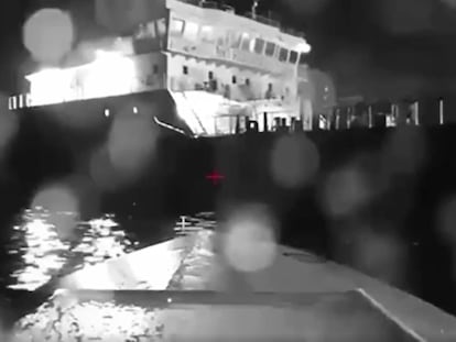 In this image from video made available on Saturday, Aug. 5, 2023, a seaborne drone approaches a Russian tanker on the Black Sea.