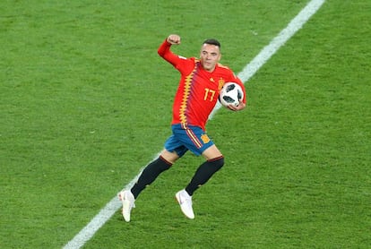 Iago Aspas celebra el gol del empate contra Marruecos.