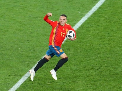 Iago Aspas celebra el gol del empate contra Marruecos.