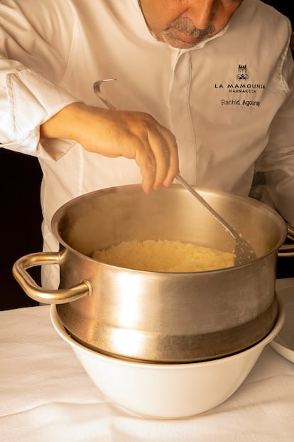 Chef Rachid Agouray (Hotel La Mamounia, Marrakech) preparing the restaurant's trademark dish, couscous.