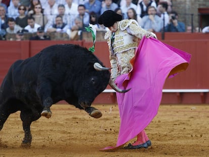 L&oacute;pez Sim&oacute;n, en un lance al cuarto toro de la corrida de ayer.