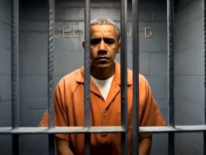 Captura de un video generado con inteligencia artificial que muestra al expresidente Barack Obama preso tras ser arrestado por el FBI, compartido por Donald Trump en julio de 2025 en su cuenta de la red social Truth Social.