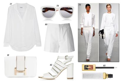 77. Equipment Camisa de manga larga. 78. The Row Gafas con montura de pasta bicolor. 79. Reed Krakoff. 80. Barbara Bui Shorts de tiro alto. 81. Hogan Clutch de piel con detalle dorado. 82. Topshop Sandalia abotinada. 83. Yves Saint Laurent Lip gloss.