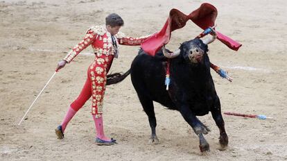 El novillero Diego Carretero durante la faena a su primero.