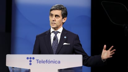 José María Álvarez-Pallete interviene en la última junta de accionistas de Telefónica, celebrada en abril pasado en Madrid.