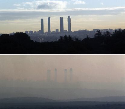 El horizonte de Madrid, visto arriba desde el kilómetro 16 de la A-6, a la altura de Majadahonda, entre las 9.30 y las 10.30 de esta mañana. Abajo, aproximadamente en el mismo punto y a la misma hora, pero del viernes pasado.