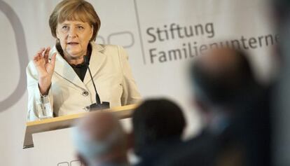 Merkel, durante un acto con empresarios.