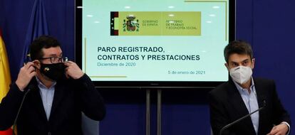 Los secretarios de Estado de Empleo y Seguridad Social, Joaquín Pérez e Israel Arroyo, este martes.