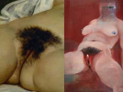 A la izquierda, 'El origen del mundo de Courbet (1866), la visión heteropariarcal. A la derecha, la versión feminista de Miriam Cahn, 'Mirar' (2018).