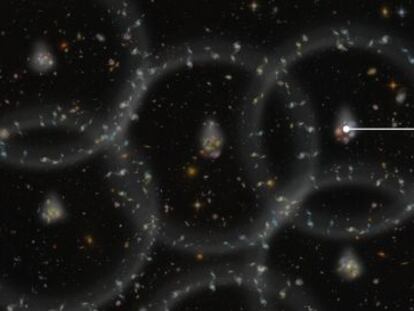 Ilustraci&oacute;n de las BAO en la distribuci&oacute;n de las galaxias que permite a los astr&oacute;nomos determinar distancias cosmol&oacute;gicas con alta precisi&oacute;n.