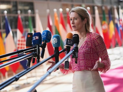 La alta representante para Política Exterior de la UE, Kaja Kallas, antes de reunirse con los ministros europeos de Defensa en Bruselas, este martes.
