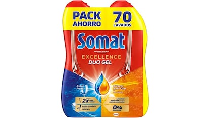 Pack de dos botellas de líquido lavavajillas Somat. Producto con abrillantador y gran poder desengrasante.