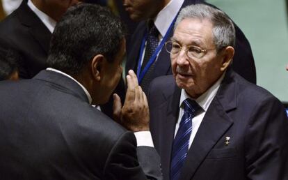 Los presidentes Maduro y Castro durante una sesión en la ONU
