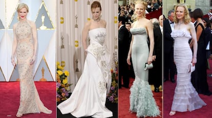 En sus pasos por las alfombras rojas, Nicole Kidman no se suele caracterizar por sus apuestas arriesgadas ni atrevidas. Si bien es cierto que eso ha hecho que haya destacado más veces en la lista de las mejor vestidas que en las contrarias. En la imagen, de izquierda a derecha, sus estilismos para los Oscar de 2017, 2011, 2004 y 2002.