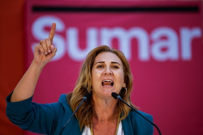 La cabeza de lista de Sumar al Parlamento Europeo, Estrella Galán, durante el acto de cierre de campaña para las elecciones europeas celebrado el viernes en Valencia.
