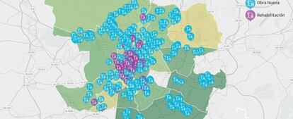 Mapa con los proyectos de nueva obra y rehabitación de la capital elaborado por la consultora CBRE.