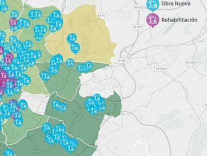 Mapa con los proyectos de nueva obra y rehabitación de la capital elaborado por la consultora CBRE.