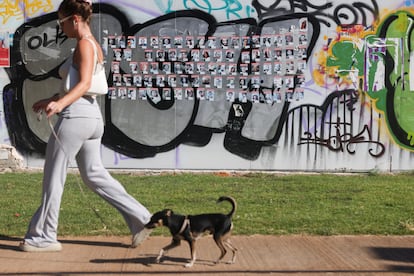 Una mujer pasea a un perro junto a imágenes de los rehenes y las víctimas del atentado del 7 de octubre, este sábado en Tel Aviv.