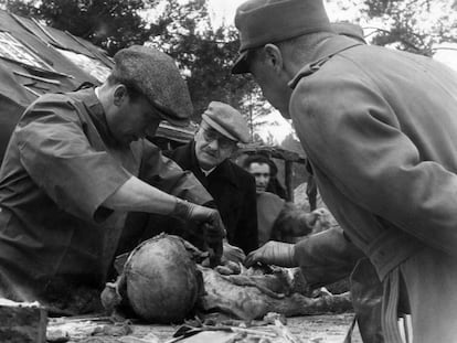 Dissection of a corpse exhumed in 1943 from the Katyn mass graves in Russia.