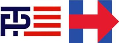 Logos de la campaña de Donald Trump (izquierda) y Hillary Clinton (derecha).
