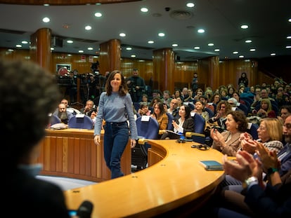 La ministra de Derechos Sociales y Agenda 2030, Ione Belarra, en la presentación de la Estrategia estatal de Desinstitucionalización, en la sede del Ministerio, a 8 de febrero de 2023.