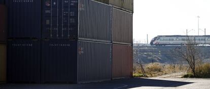 Yixinou freight train containers waiting to return to China.