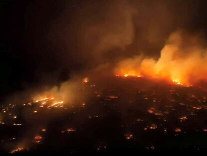 An aerial view of a wildfire in Kihei, Maui County, Hawaii, on August 8, 2023.