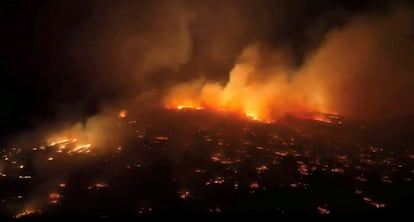 An aerial view of a wildfire in Kihei, Maui County, Hawaii, on August 8, 2023.