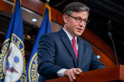 Speaker of the House Mike Johnson responds to a question from the news media during a press conference in the US Capitol in Washington, DC, USA, 29 February 2024