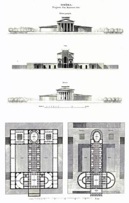 Planta i alçat del temple dels plaers (amb forma fàl·lica) ideat per Claude-Nicolas Ledoux al segle XVIII.