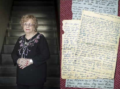 Familiares de soldados fallecidos en las Malvinas junto a cartas escritas por estos: Delmira Cao, madre de Julio Cao.