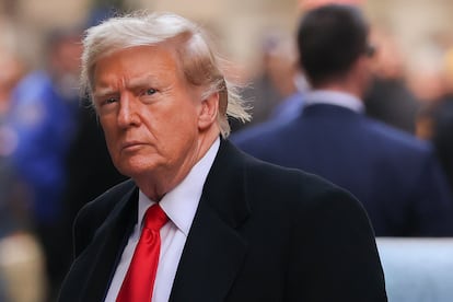 Former president Donald Trump arrives for a press conference at 40 Wall Street after a pre-trial hearing at Manhattan criminal court, Monday, March 25, 2024, in New York.