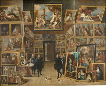 El cuadro que se adelantó siglos a la selfi con obras de arte. 'El archiduque Leopoldo Guillermo en su galería de pinturas en Bruselas' (1690), de David Teniers, en el Museo del Prado.