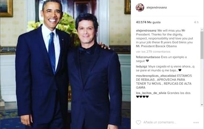 "Te echaremos de menos, señor presidente. Gracias por la dignidad, el respeto, la responsabilidad y el amor que has puesto en tu trabajo durante estos ocho años. Que Dios te bendiga, señor presidente Barack Obama", ha escrito en Instagram Alejandro Sanz.