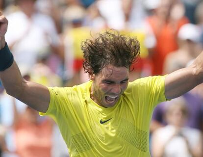 Rafael Nadal celebrates his 7-6, 7-6 win over John Isner.