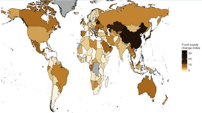 El mapa muestra los cambios en el índice de alimentos. Los países más oscuros, como China, son los que han sufrido mayores modificaciones en su dieta.