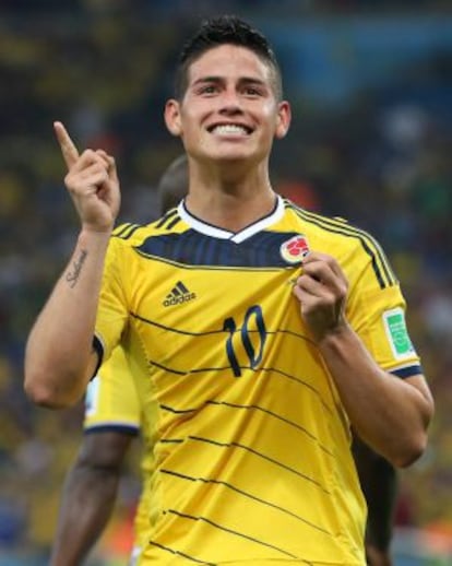 JAmes Rodríguez celebra el segundo gol a Uruguay