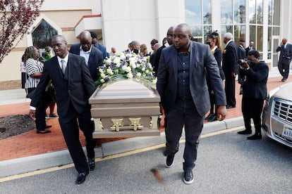 The casket of Irvo Otieno is carried out of First Baptist Church of South Richmond after the celebration of life for Irvo Otieno in North Chesterfield, Va., on Wednesday, March 29, 2023