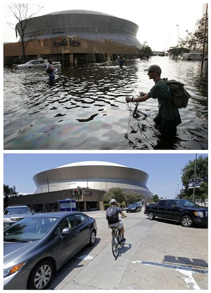 <B> La población blanca, del 26,5% al 31,2% del total.</B> Antes del Katrina vivían 128.800 blancos en Nueva Orleans. Ahora 117.300, 11.500 menos. En la imagen, un hombre camina junto a su bicicleta cerca en los alrededores del Superdome en agosto de 2005 y en julio de 2015.